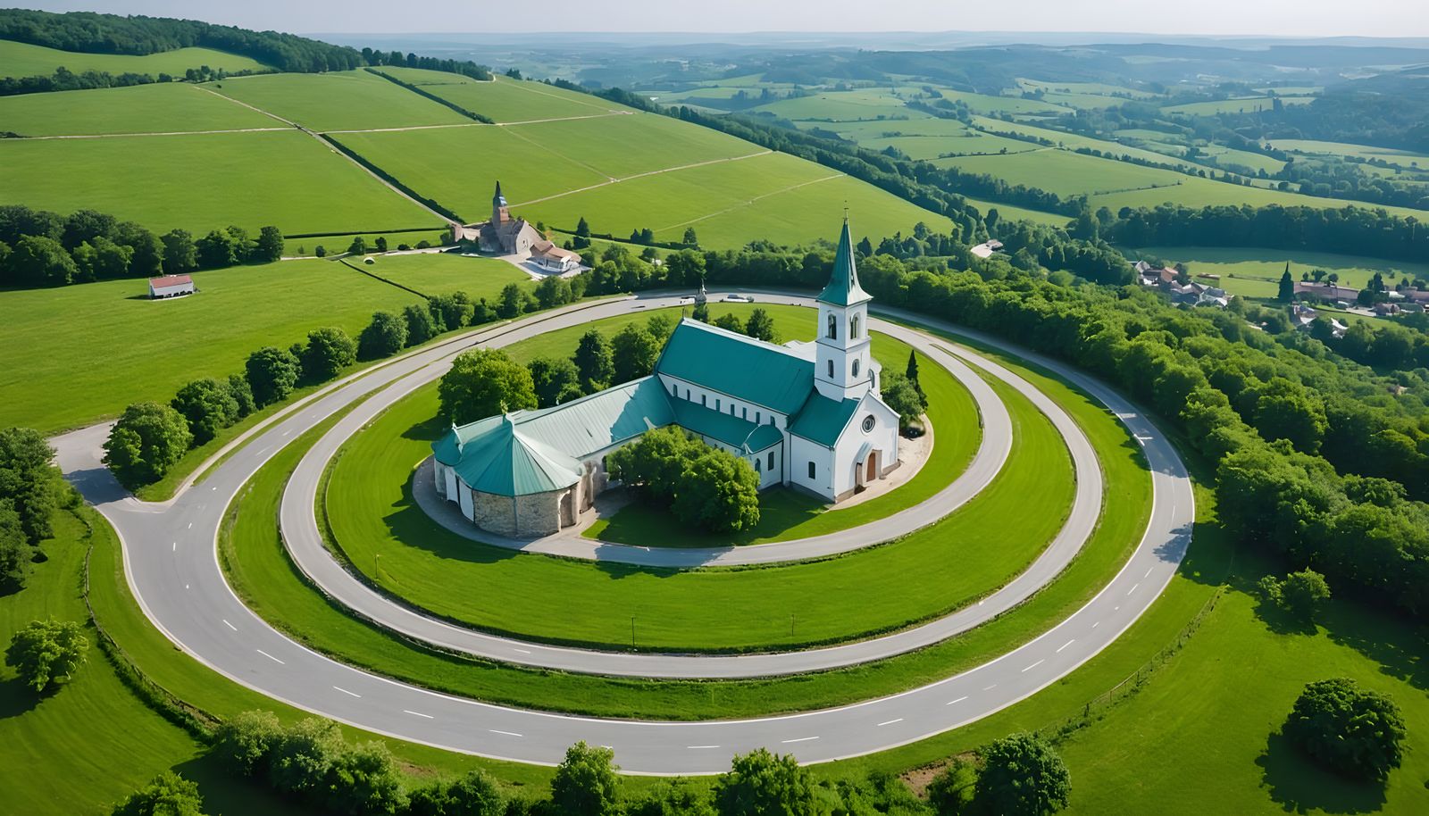 EV Car on Road to Village Church