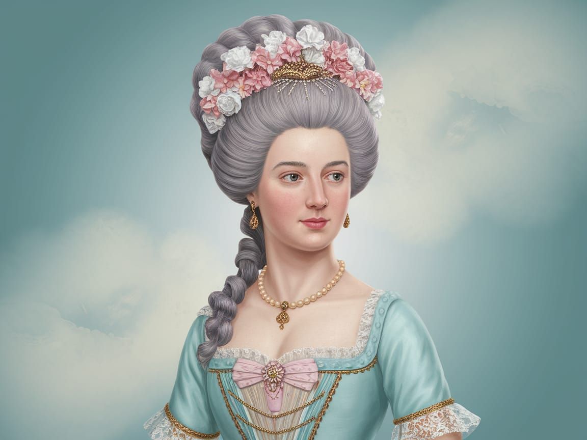 Elegant Woman in Rococo Dress with Flowers