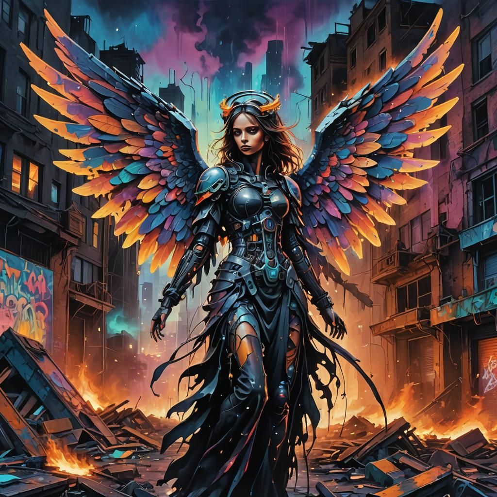 Dark Angel in Burning City: Surreal Graffiti Art