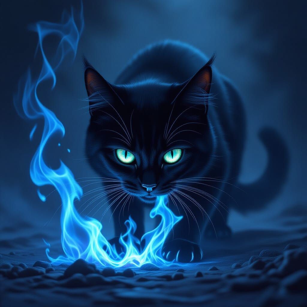 Black Cat Devours Ethereal Flames in Dark Fantasy Style