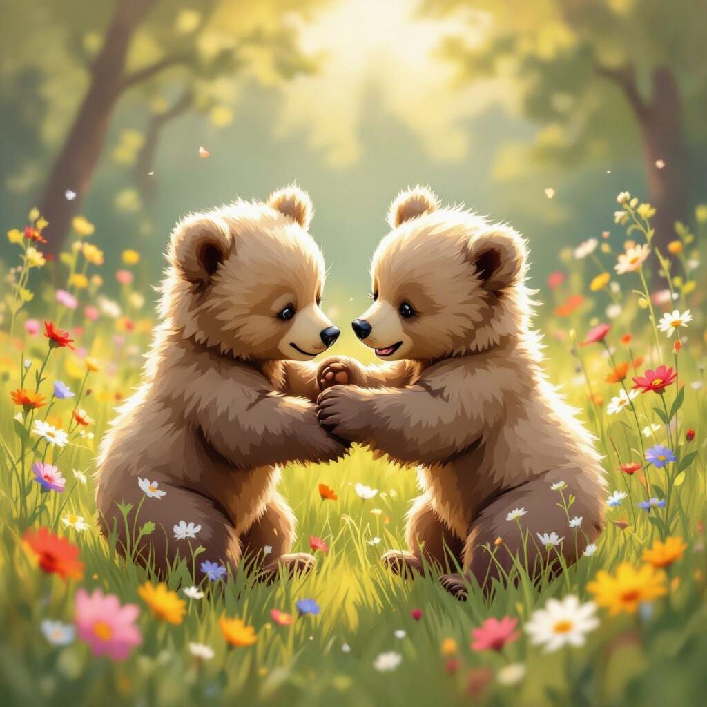 Adorable Bear Cubs Play Wrestling in Wildflower Meadow