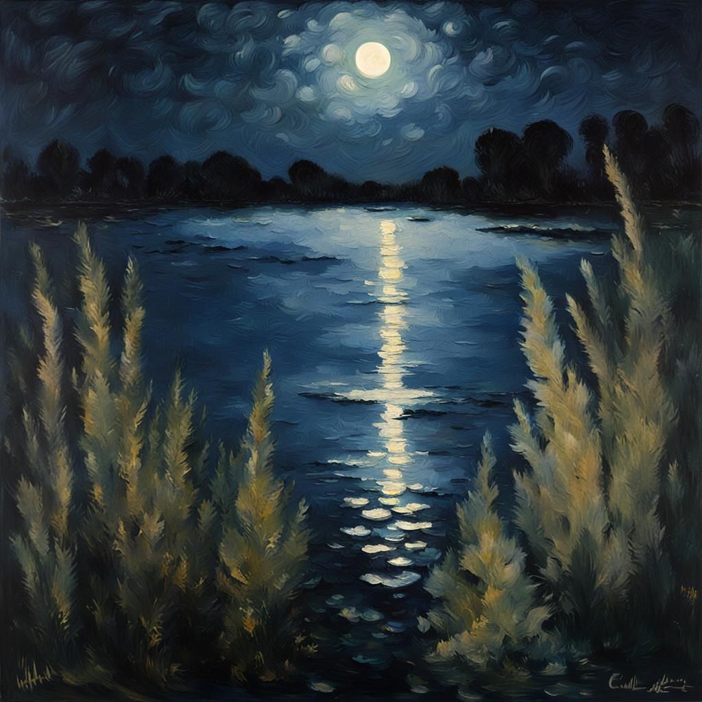 Moonlit Lake in Impressionist Style