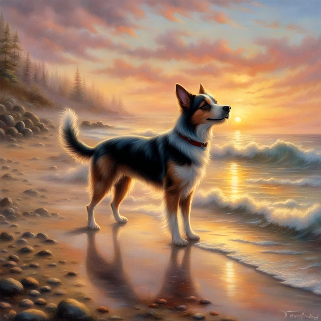Dog on Beach at Sunset: Ethereal Fantasy Art