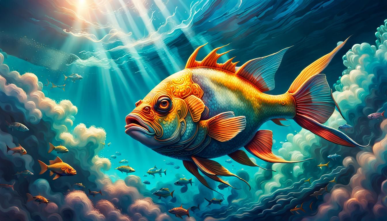 Ocean Fish Swimming in Clouds, Hyperrealistic Digital Art