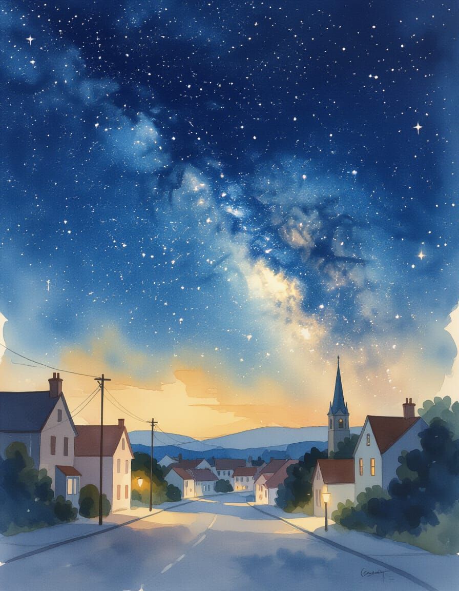 Vibrant Starry Night Over Quiet Town