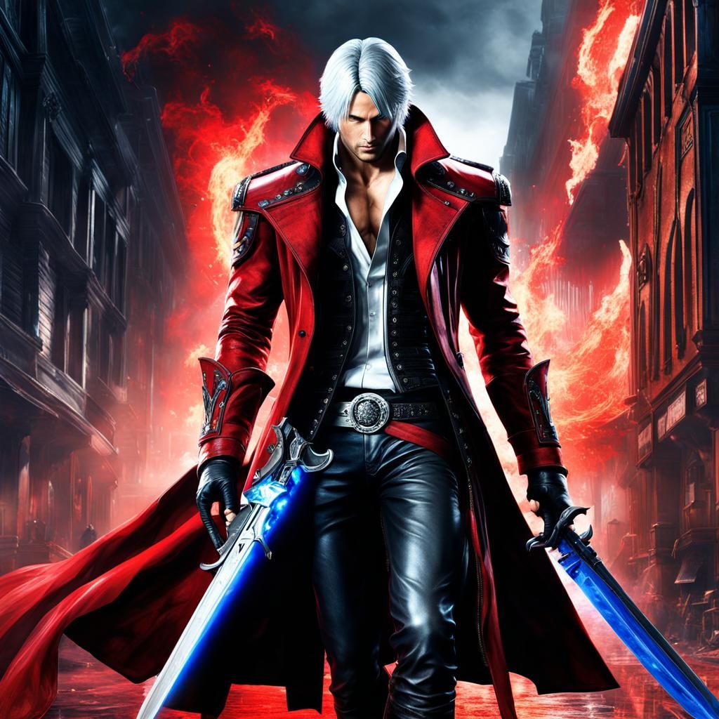 Hyperrealistic Dante with Magic Sword and Shotgun