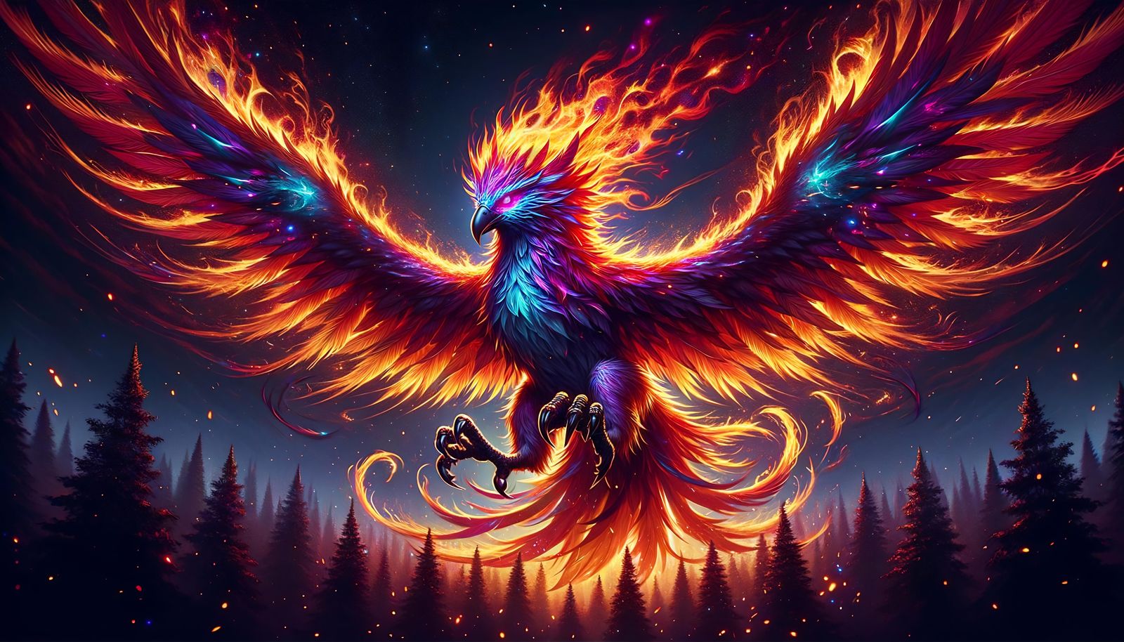 Majestic Phoenix Soaring Above Forest at Night