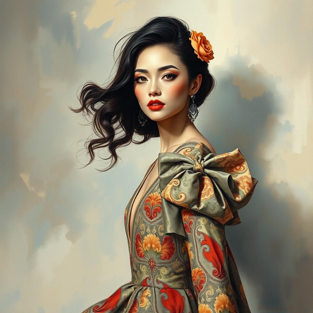 High Fashion Gown in Impasto Watercolor Style