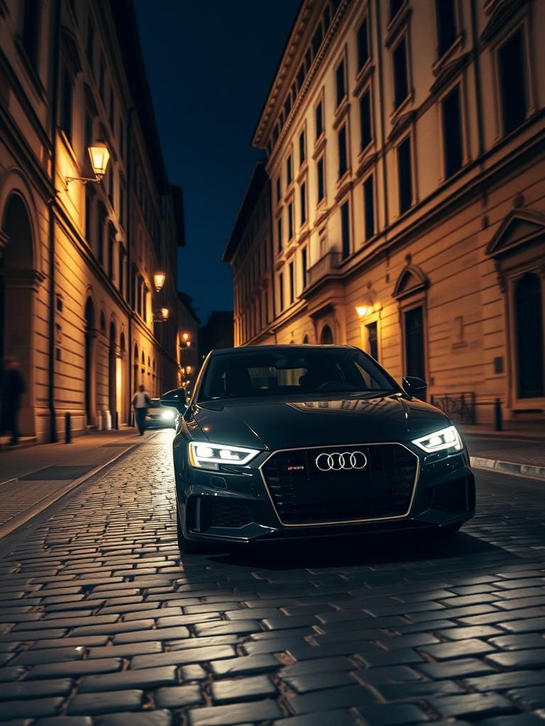 Black Audi A3 Speeds Through Florence at Night