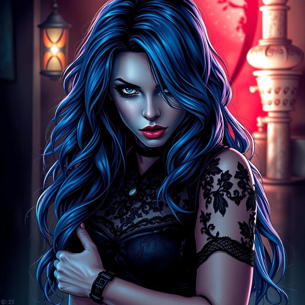 Captivating Woman with Blue Hair in Comic Book Style