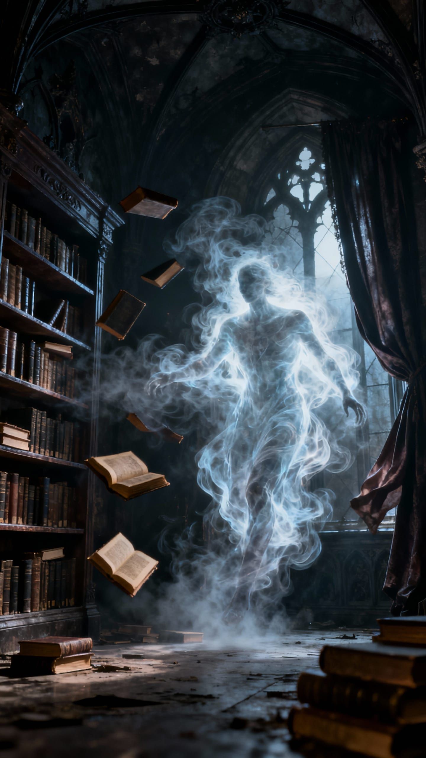 Mysterious Entity in Dark Gothic Castle Hall