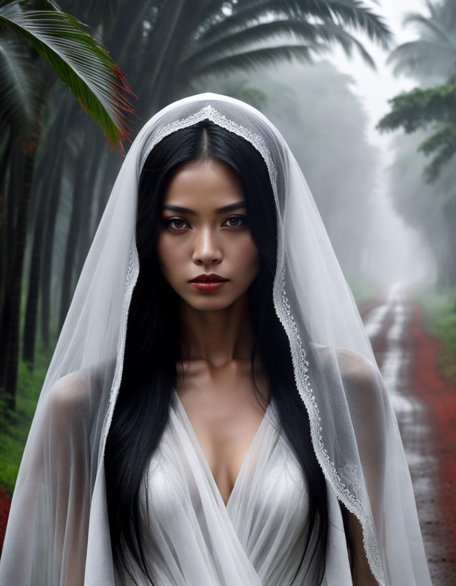 Ethereal Young Woman on a Foggy Rural Road in a Tropical Lan...