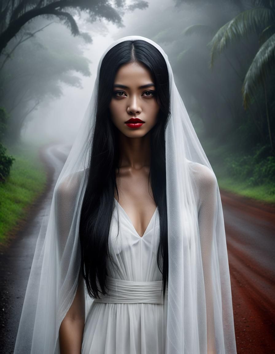 Eerie Indonesian Woman on Misty Tropical Road