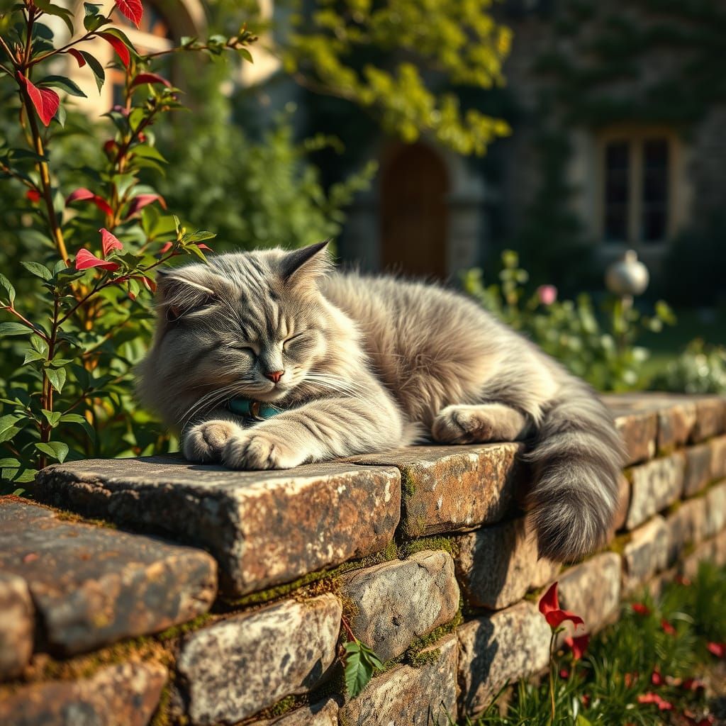 Old Grey Cat Sleeping in Sunny Vicarage Garden
