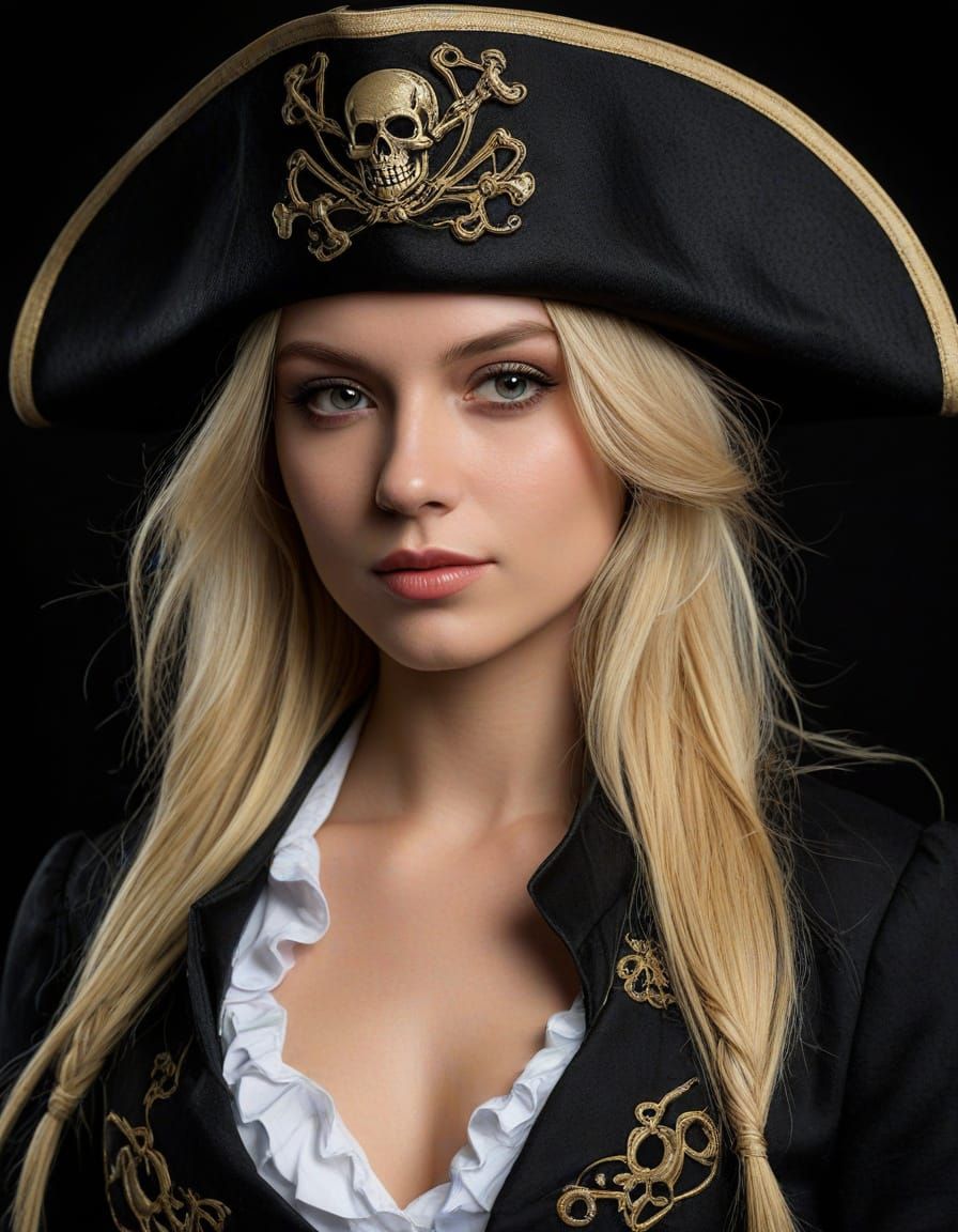 Blond Pirate Woman Portrait on Black Background