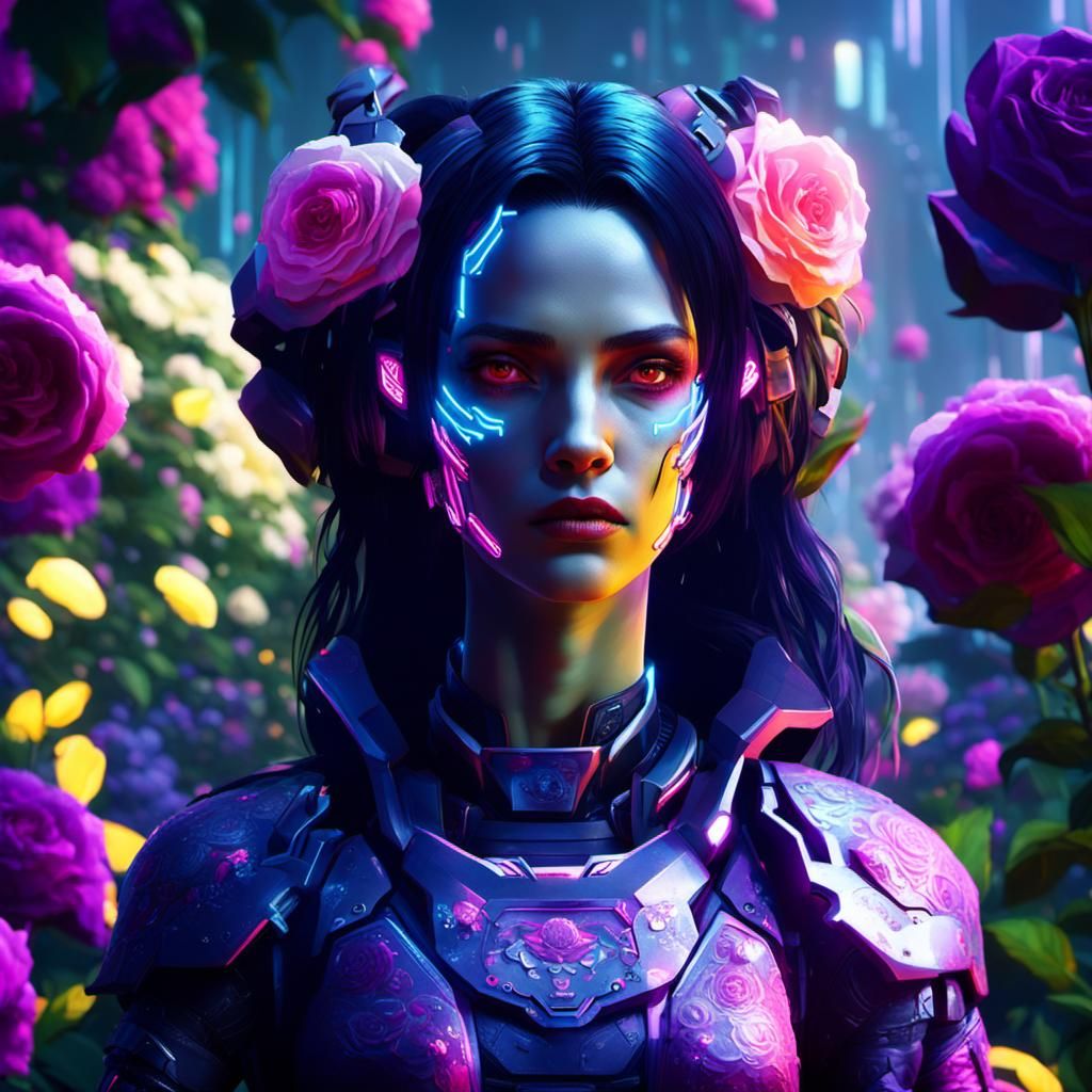 humanoid female wereflower in a beautiful rose garden