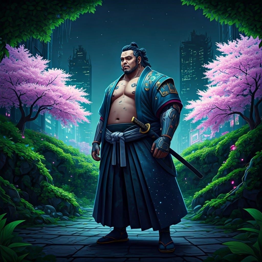 Cyberpunk Samurai Guardian in Bioluminescent Garden