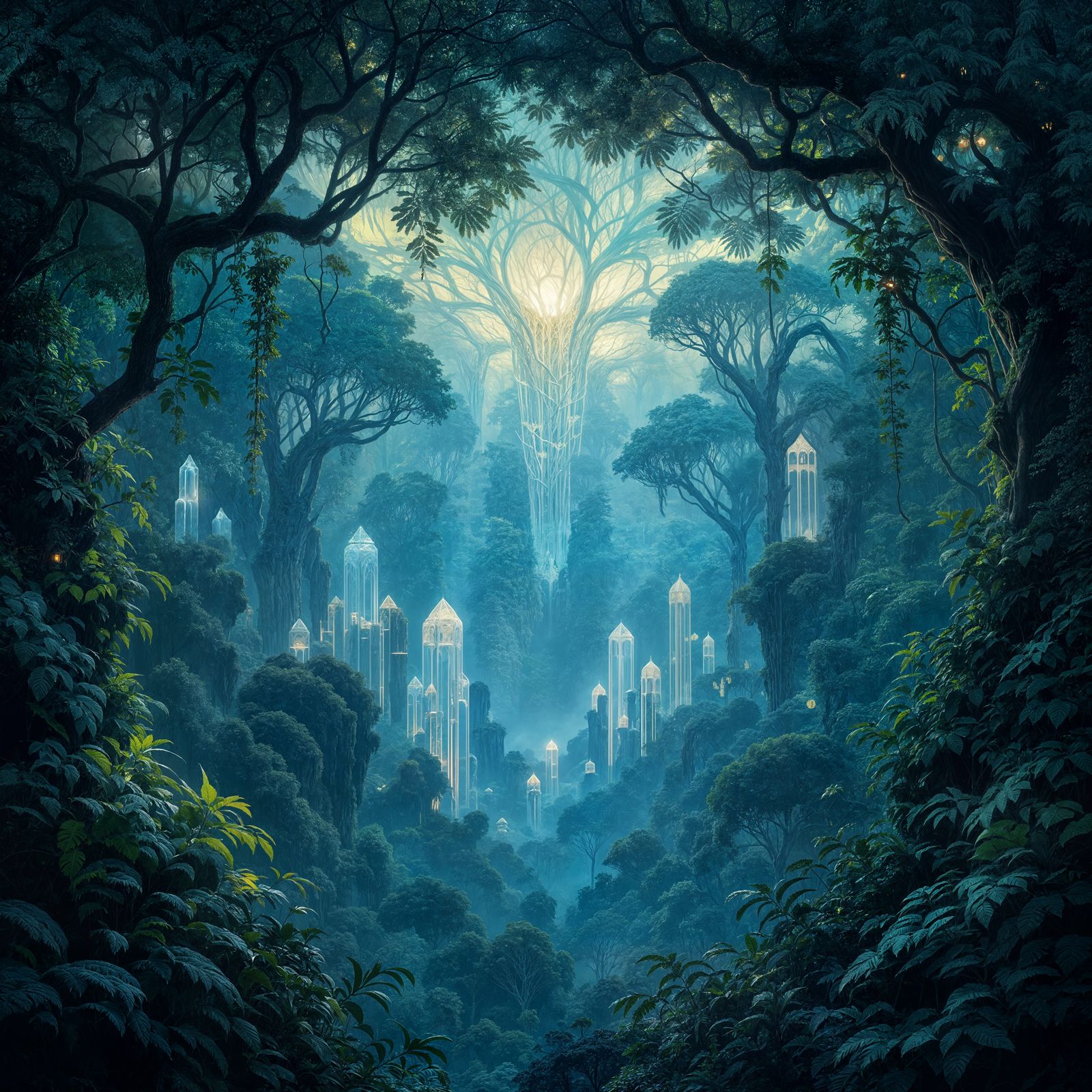 Alien Forest Canopy at Twilight with Crystal Structures in A...
