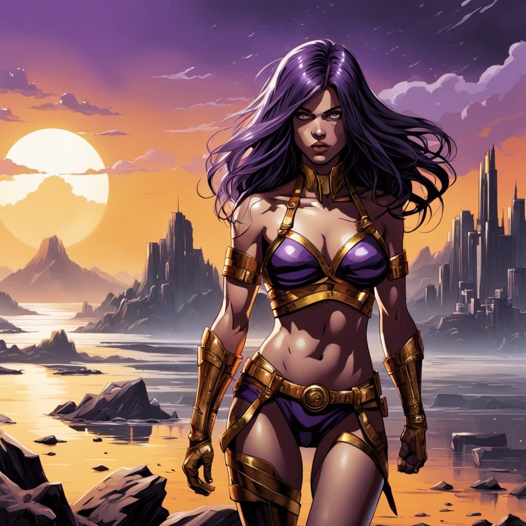 Confident Comic Book Beauty in Purple and Gold Bikini