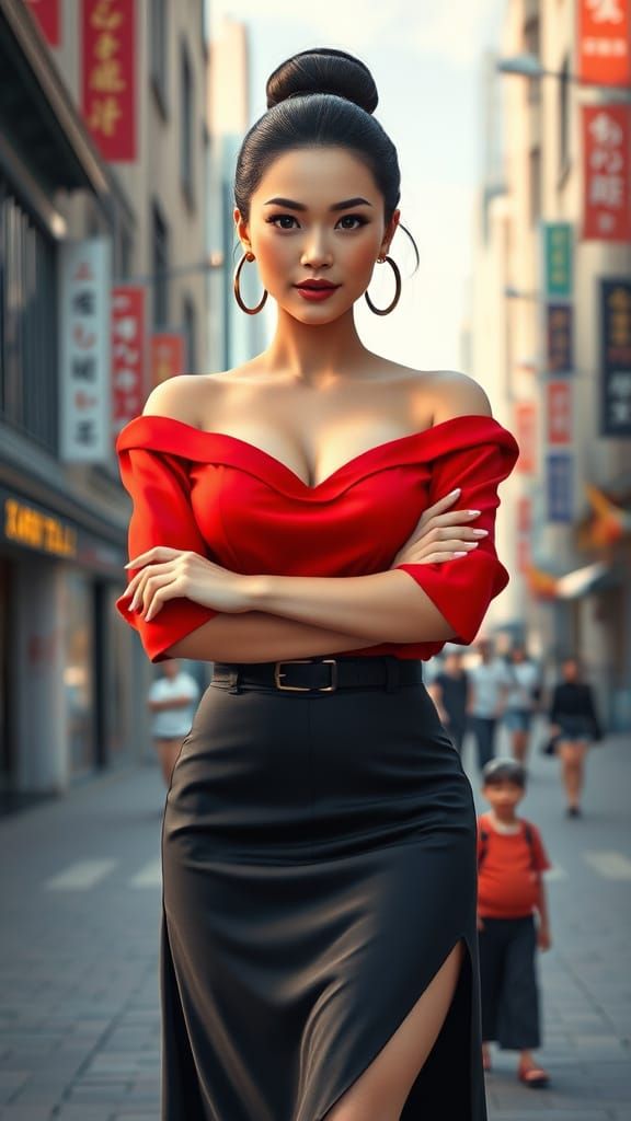 Confident Business Woman in Red Blouse and Hoop Earrings