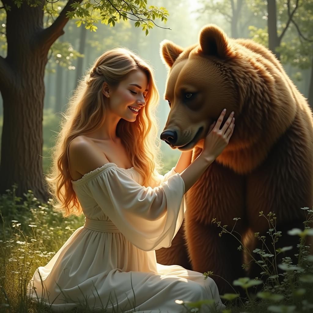 Woman and Bear in Sunlit Forest
