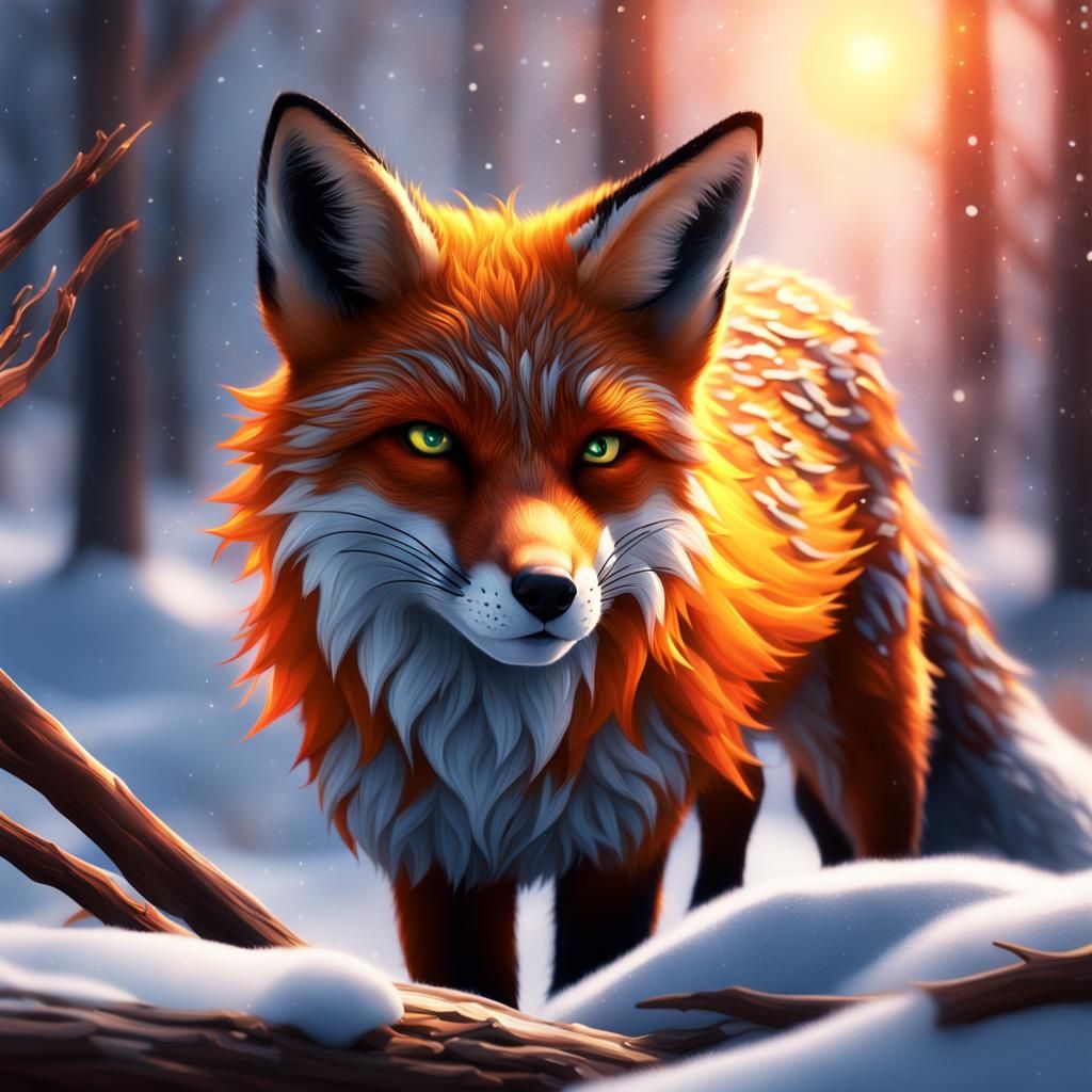 Fiery Red Fox in Winter Forest, Digital Art