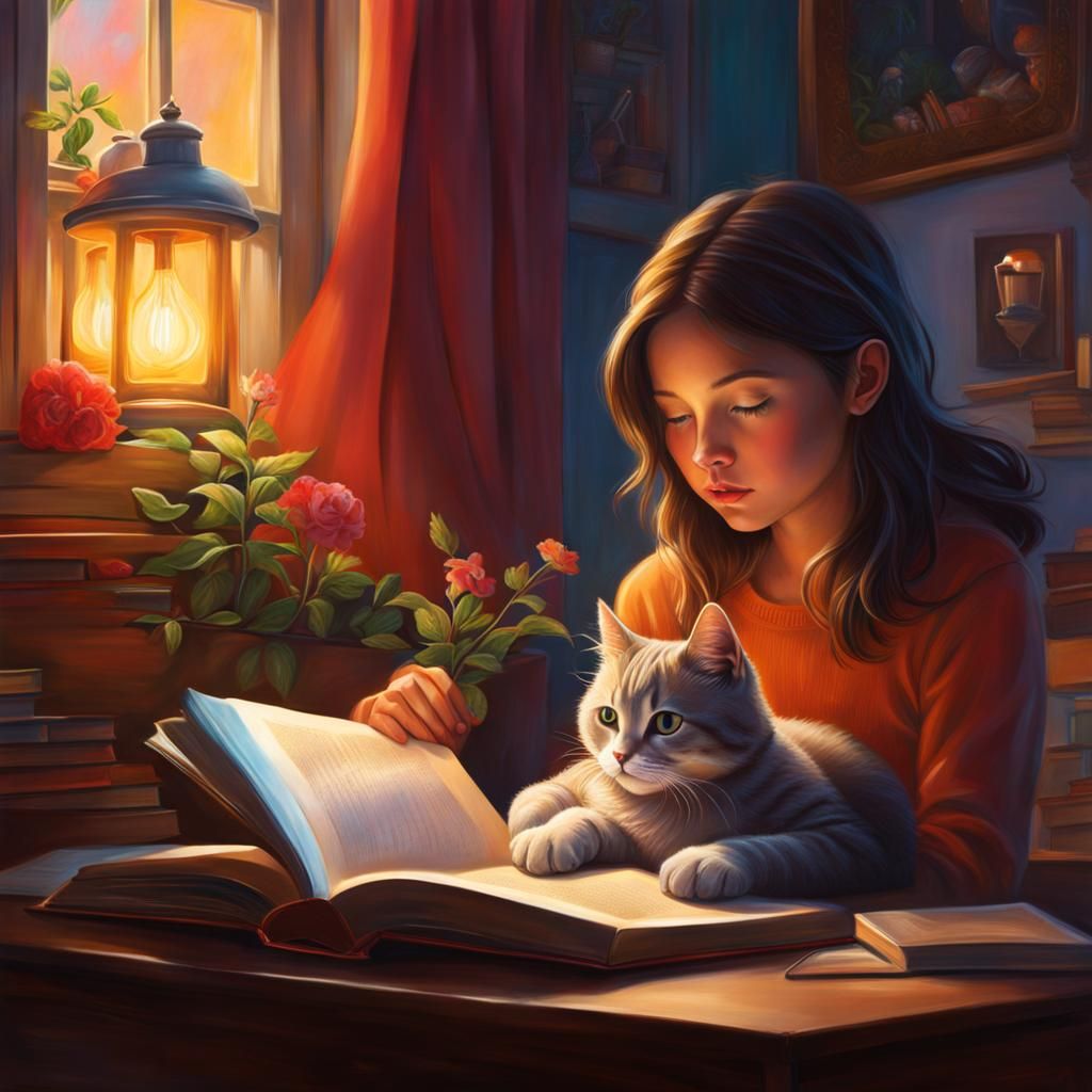 Girl Reading with Cat: Hyperrealistic Home Scene