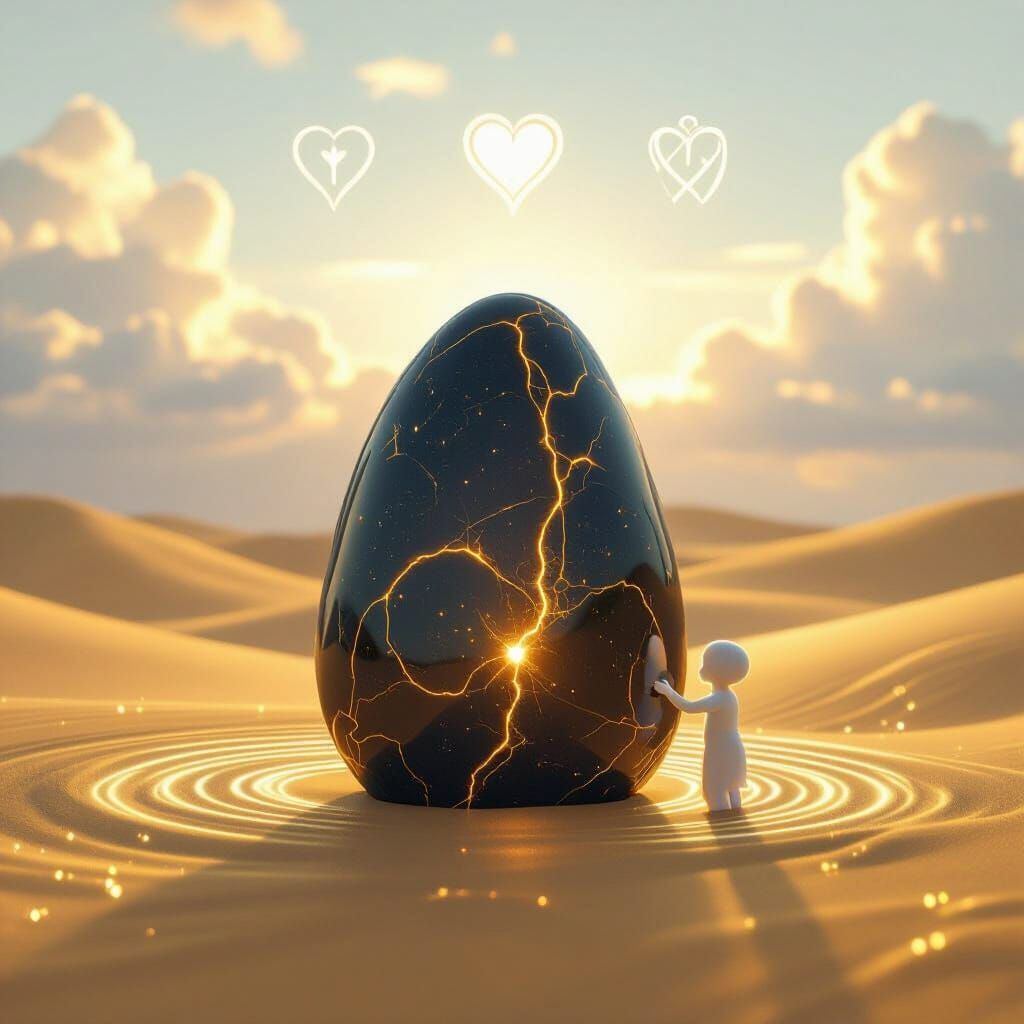 Glowing Obsidian Stone in Golden Landscape with Luminous Fig...