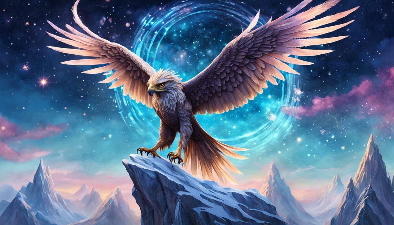 Griffon with Galaxy Wings in Surreal Landscape