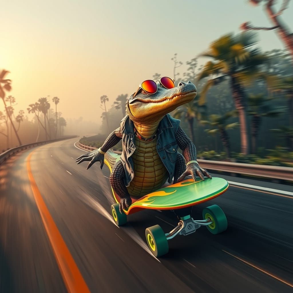 Alligator on Skateboard in Misty Swamp, Matte Painting