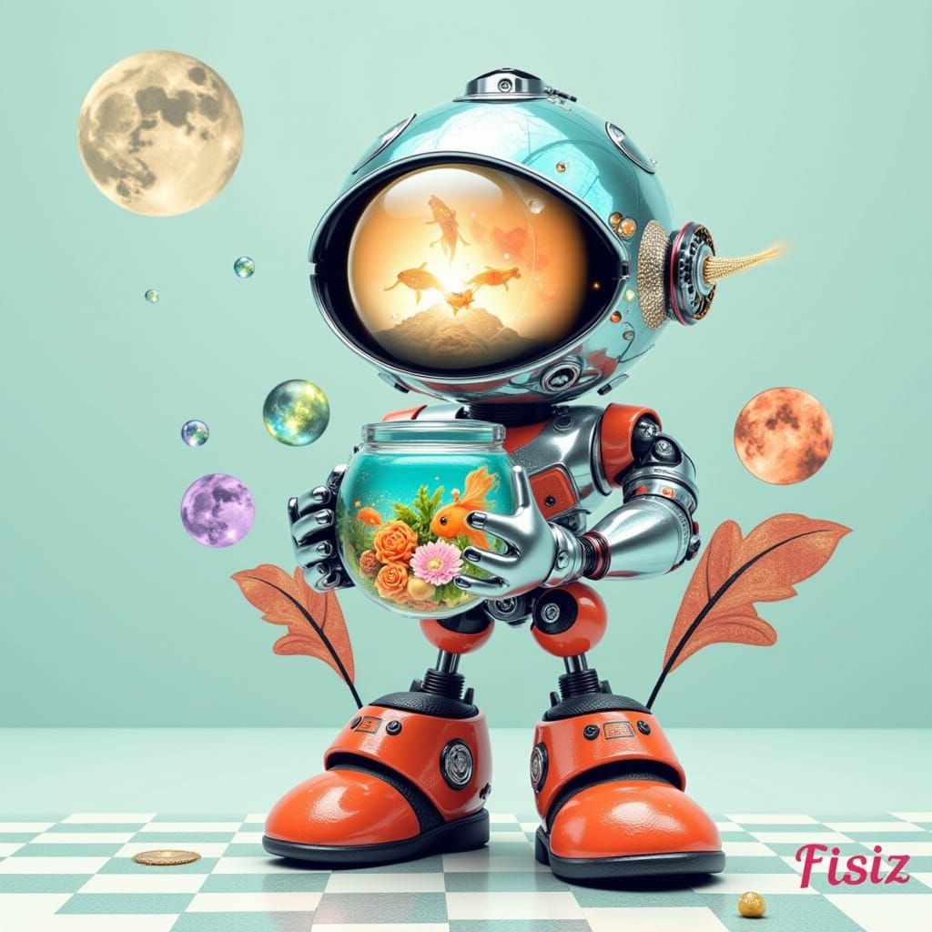 Cute Robot Holding a Fishbowl