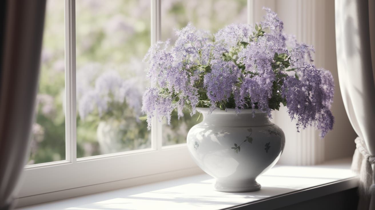 White Vase Filled with Purple-Blue Flowers on a Windowsill