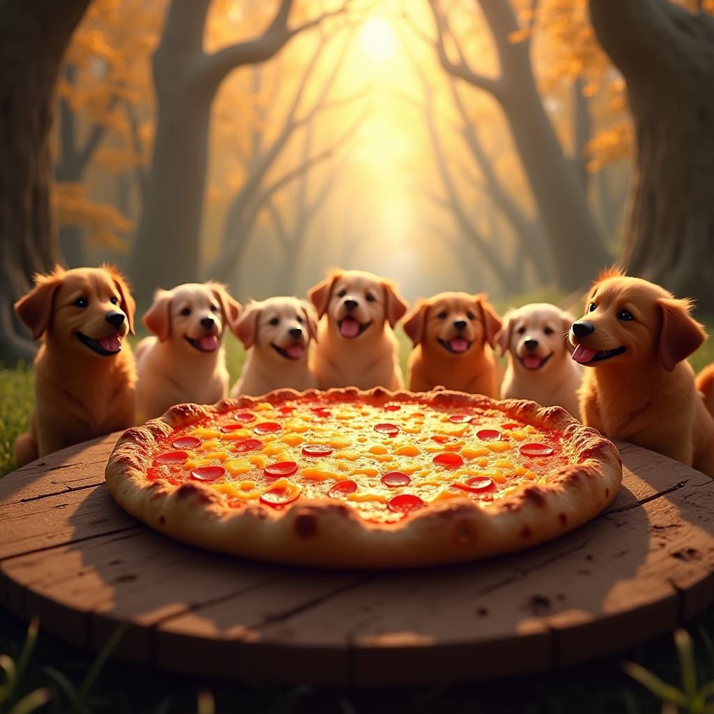 Pizza Feast for Joyful Dogs in Dreamlike Setting