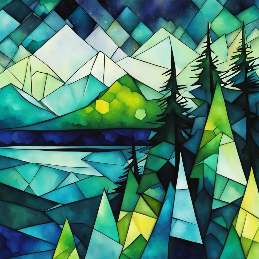 Starry Lake: Geometric Abstract Art in Cubist Style