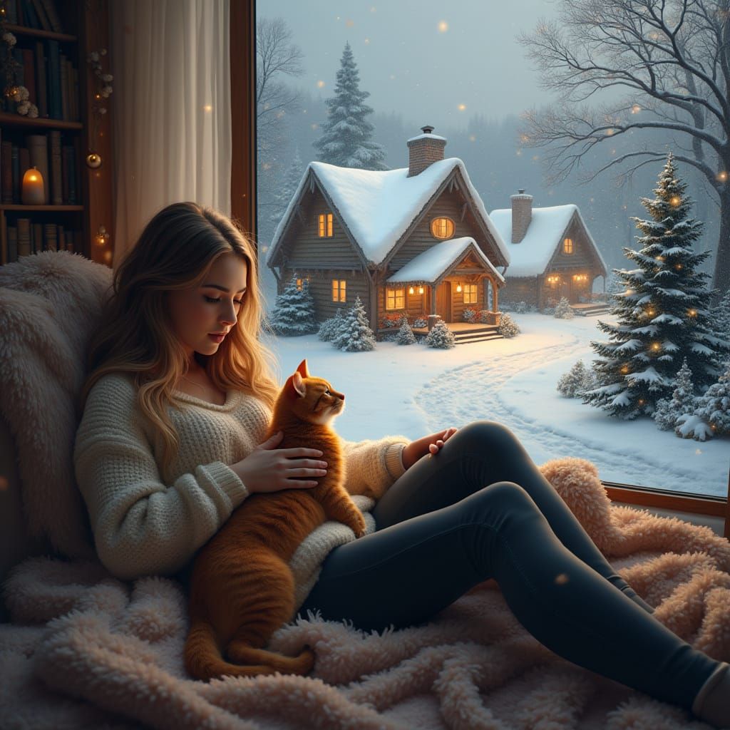 Cozy Winter Scene with Woman, Cat, and Dog