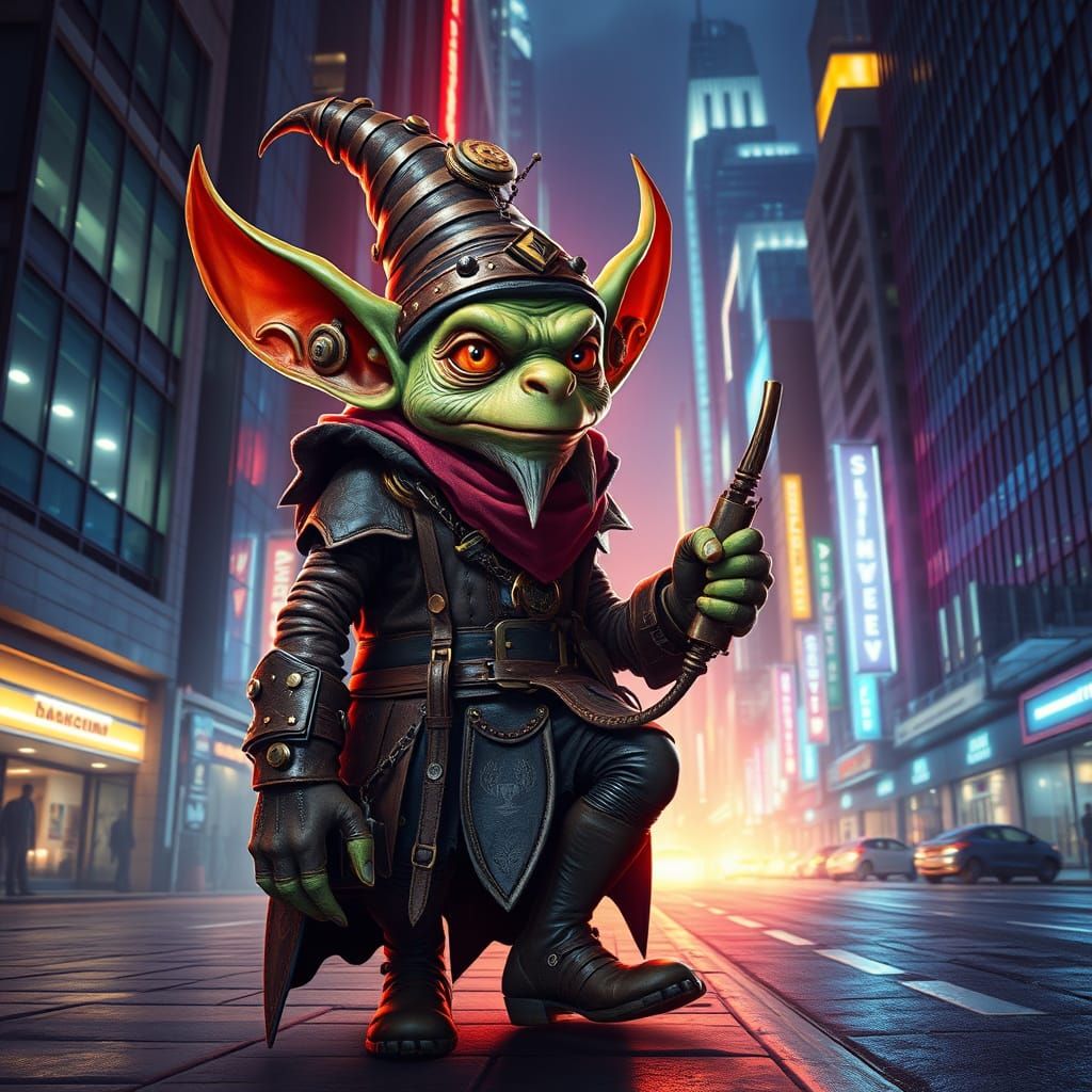 Steampunk Goblin Travels to Cyberpunk City