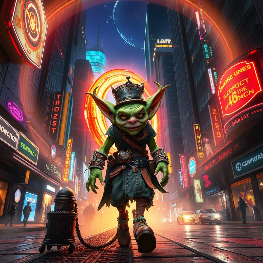 Goblin Travels to Neon City in Art Nouveau Style