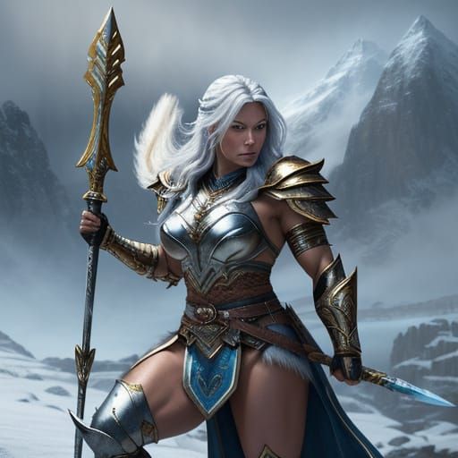 Valkyrie Warrior on Snowy Mountain in Oil Painting
