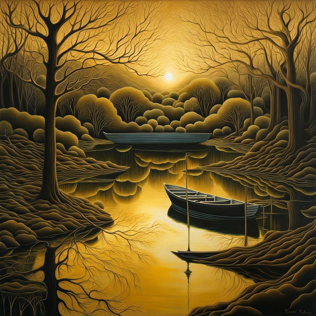 Surreal Reflections on a Still Lake Painting