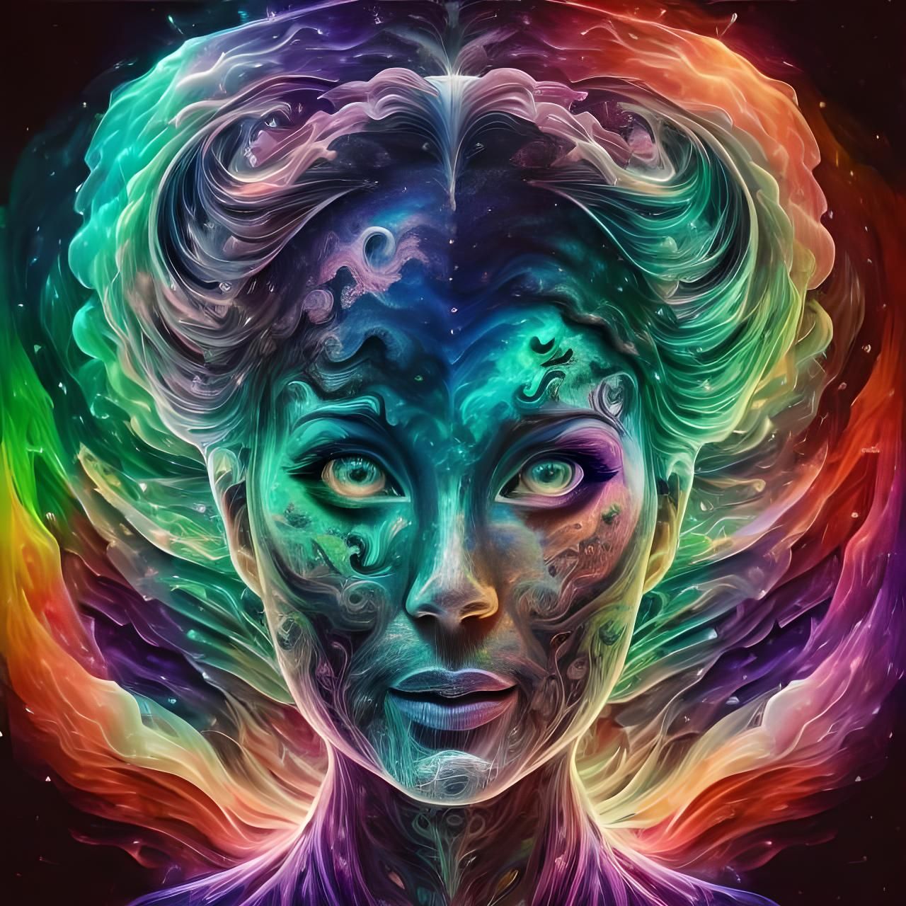 Psychedelic Portrait Emerging from Swirling Colors