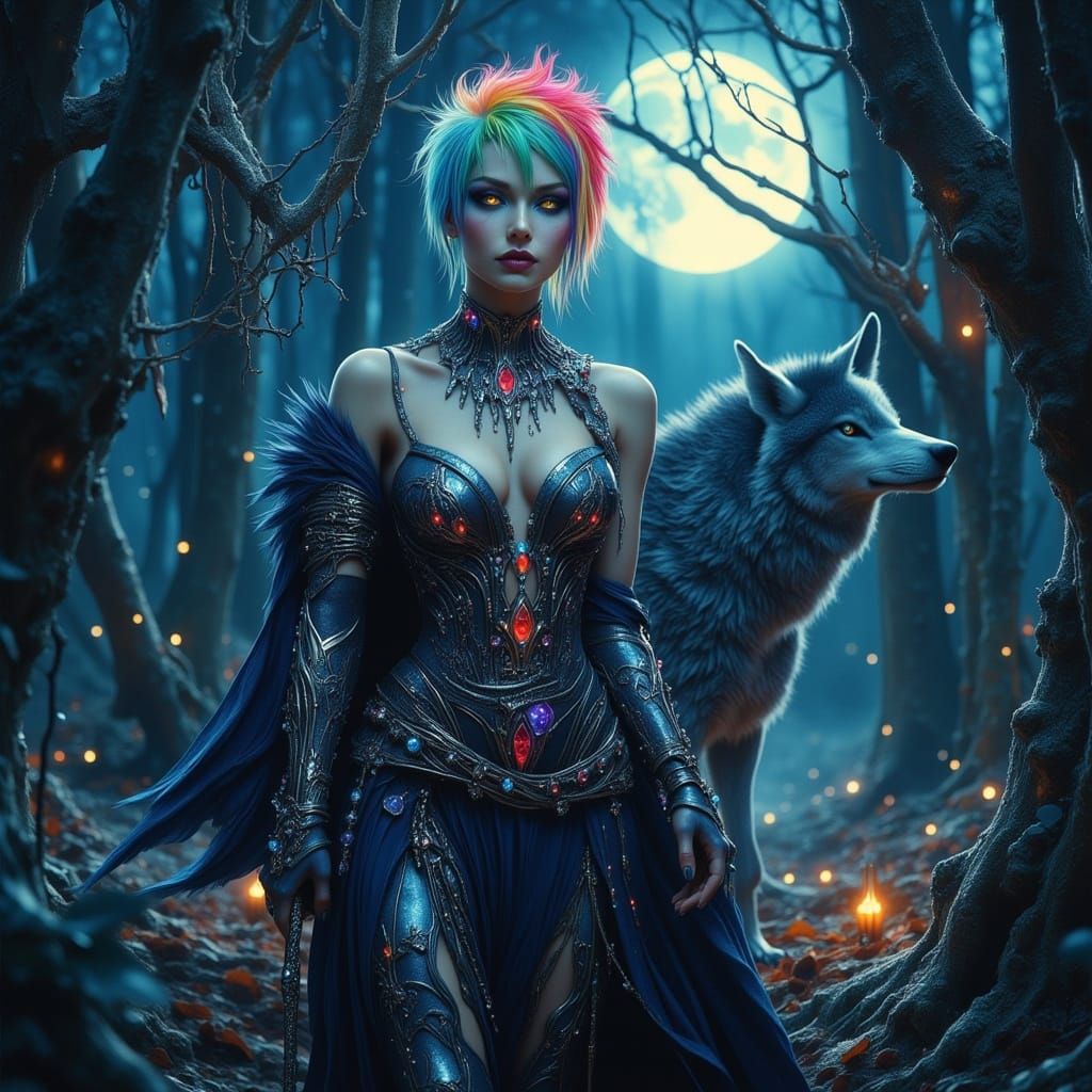 Gothic Warrior Woman with Neon Hair and Axe in Moonlit Fores...
