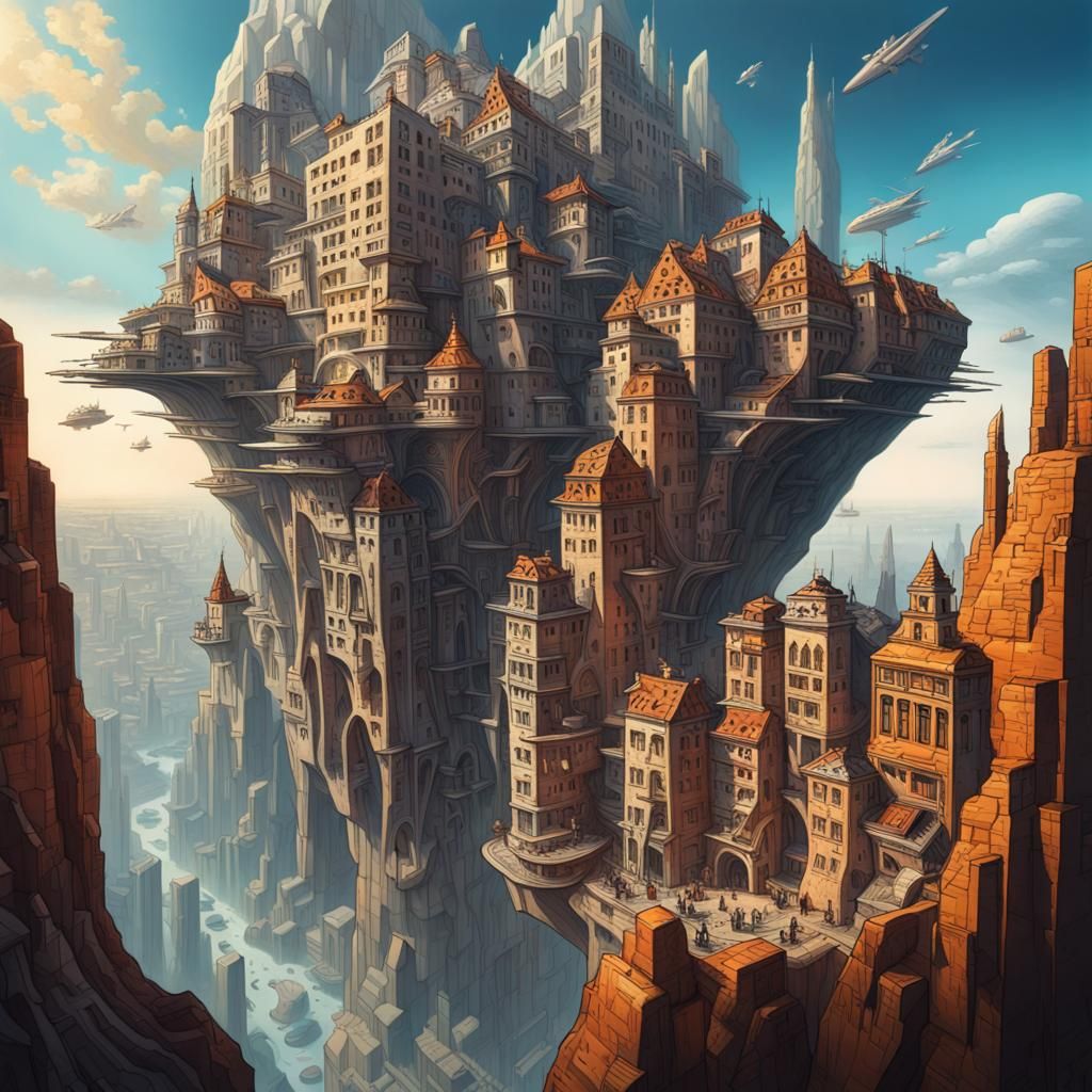 Futuristic Flying City in Escher Giger Style