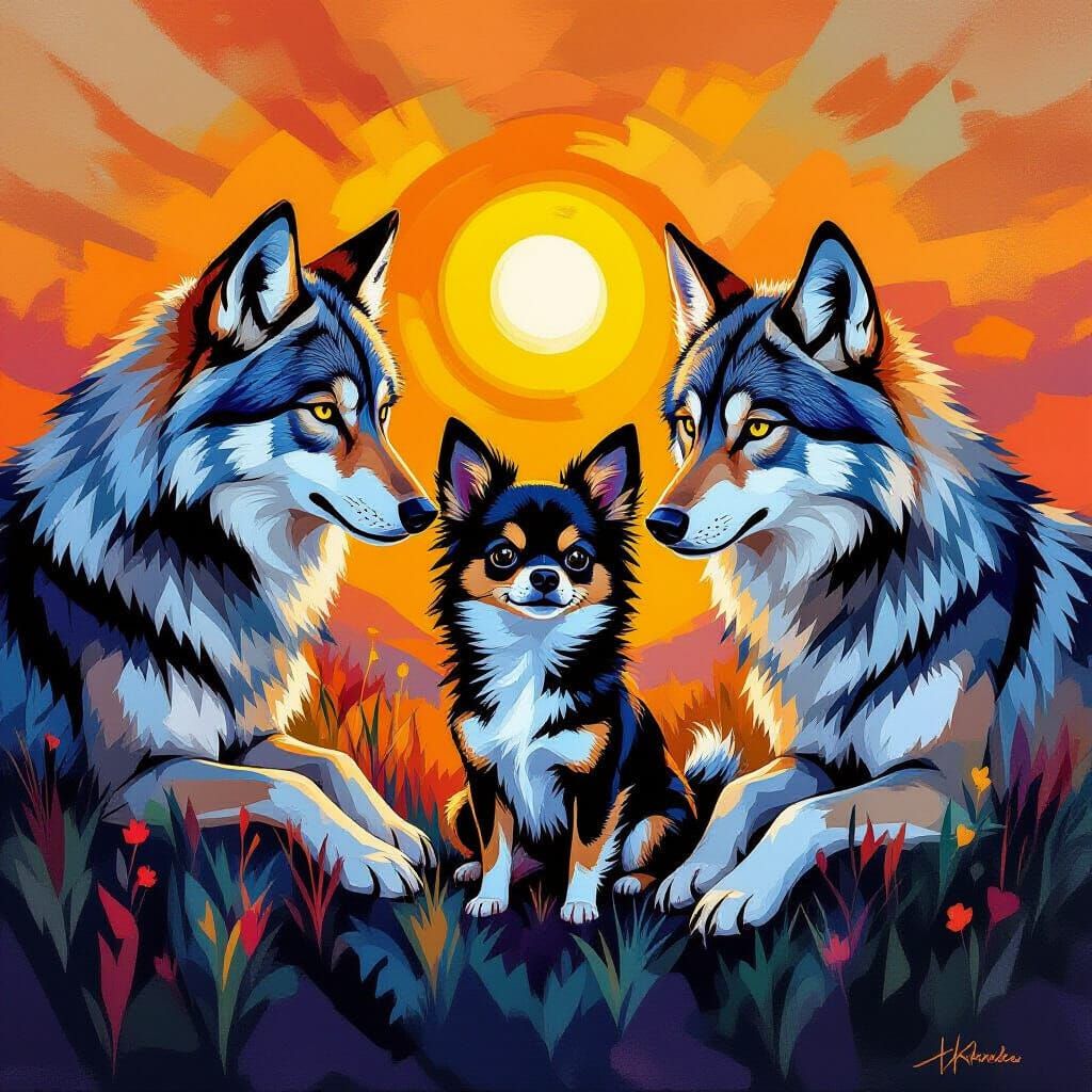 Chihuahua Befriends Wolves in Abstract Art Style