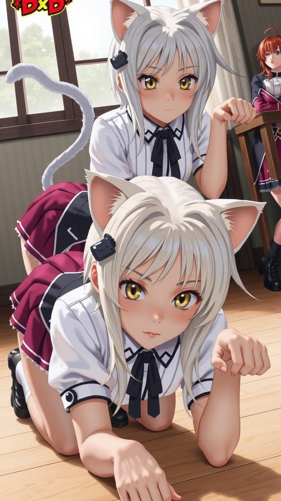 Anime Schoolgirls with Cat Features in Realistic Anime Style