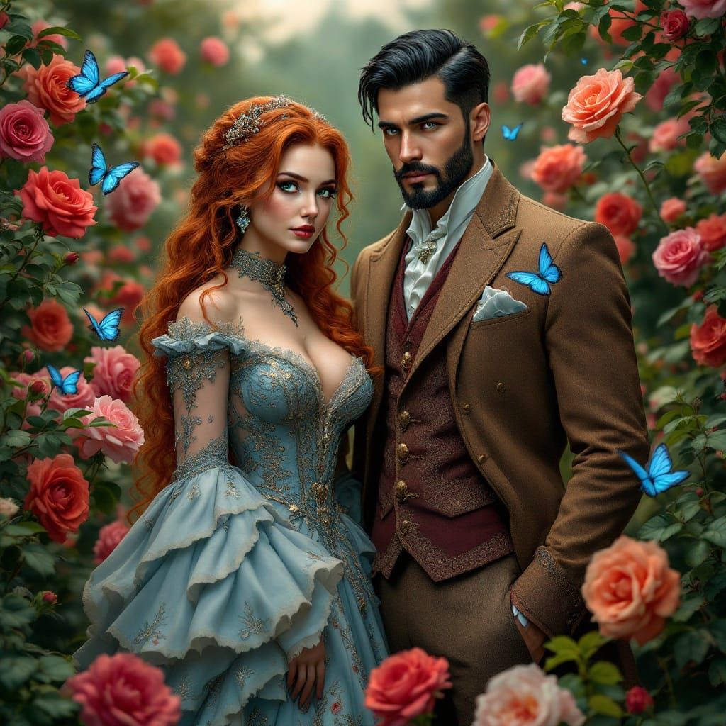 Regal Victorian Couple in Rose Garden with Butterflies