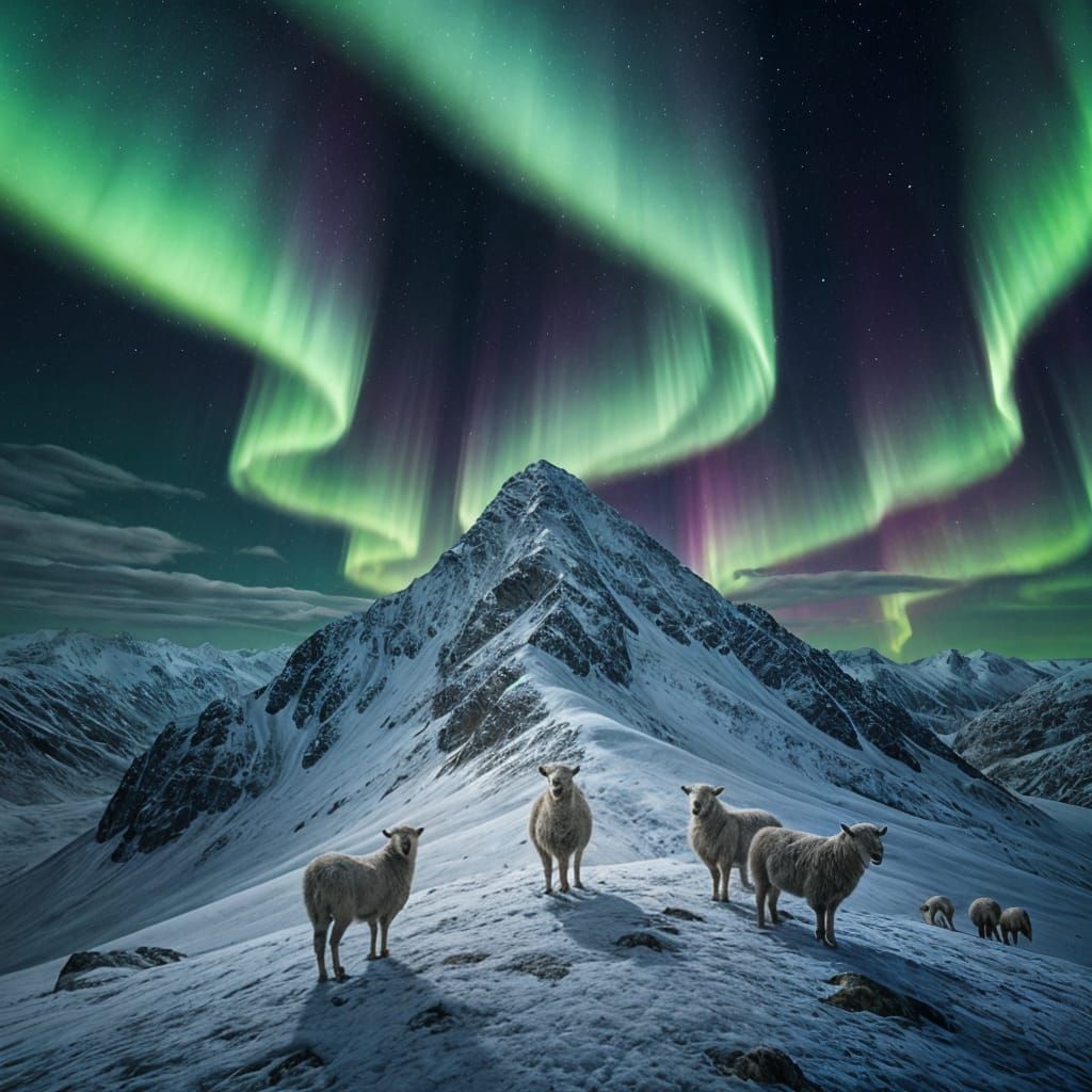 Hyper-Realistic Sheep on Mountain Peak Under Aurora Borealis