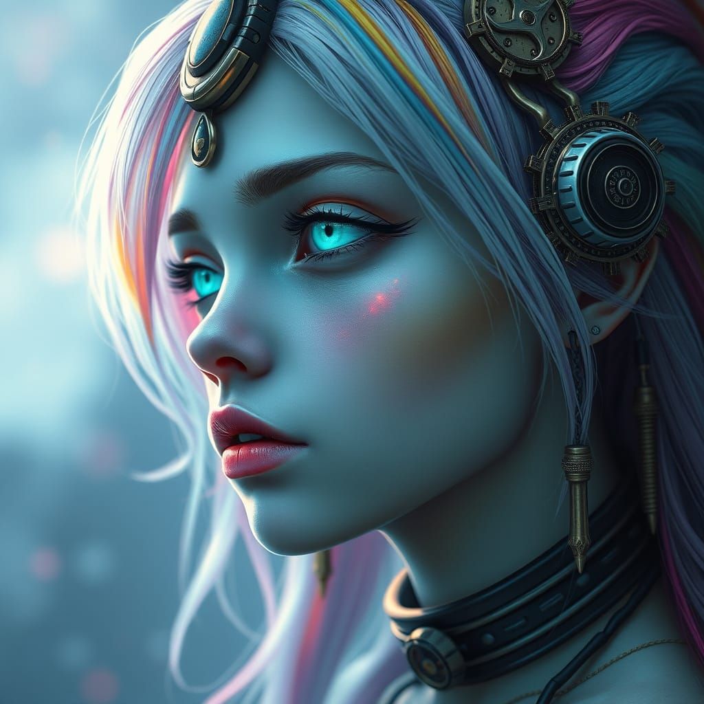 Bioluminescent Alien Woman with Steampunk Accessories