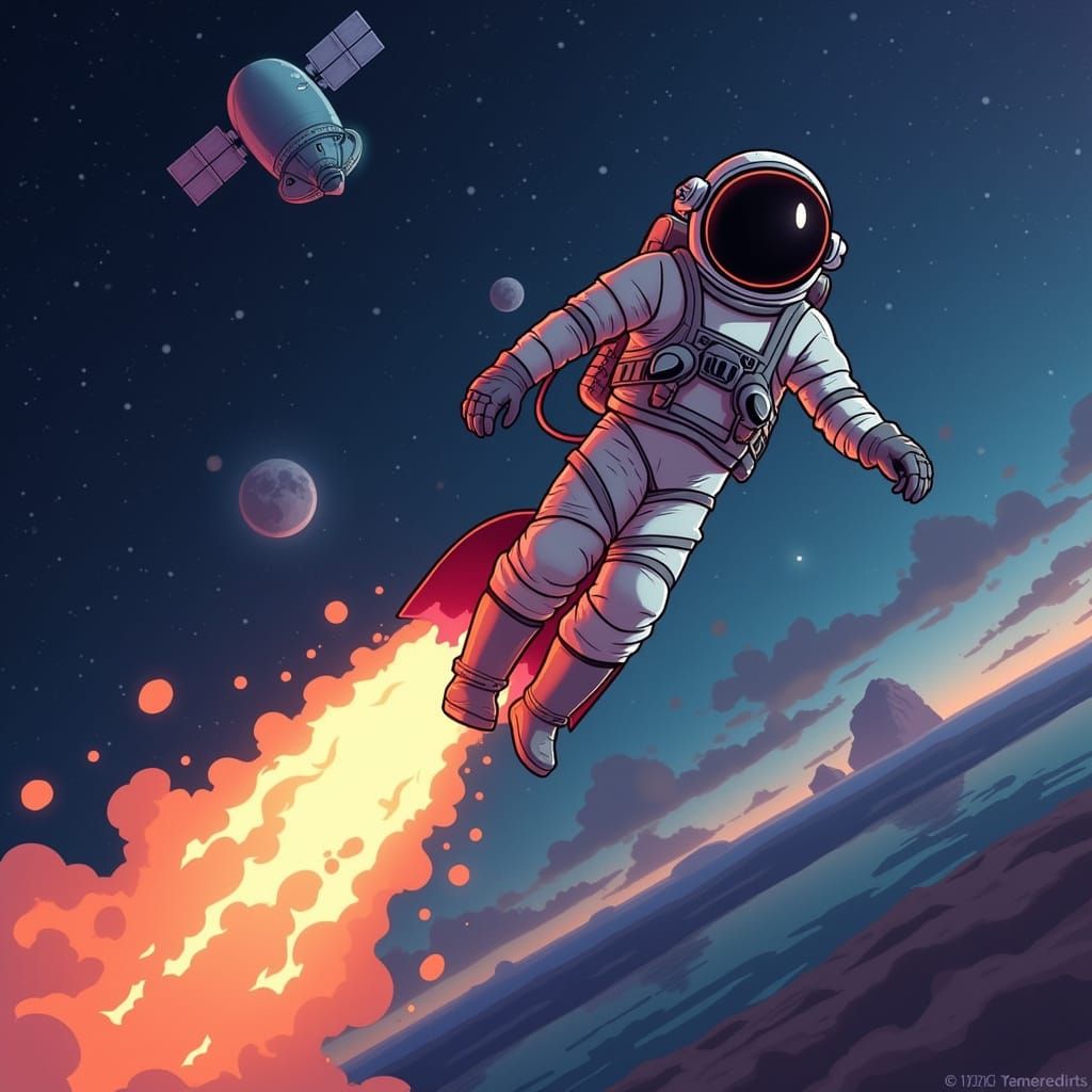 A cosmic hyper astronaut doing a spacewalk. flying on rocket boots with blasts of fiery rocket fuel coming from them to ...