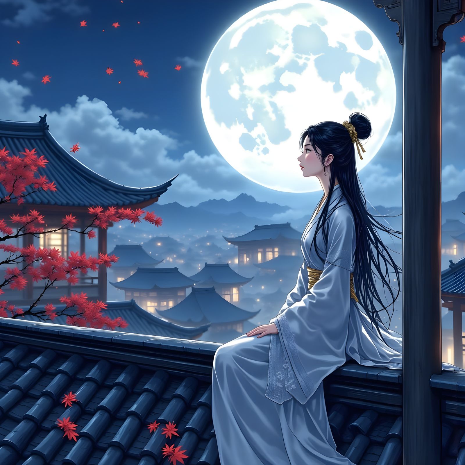 Contemplative Woman on Rooftop in Donghua Style