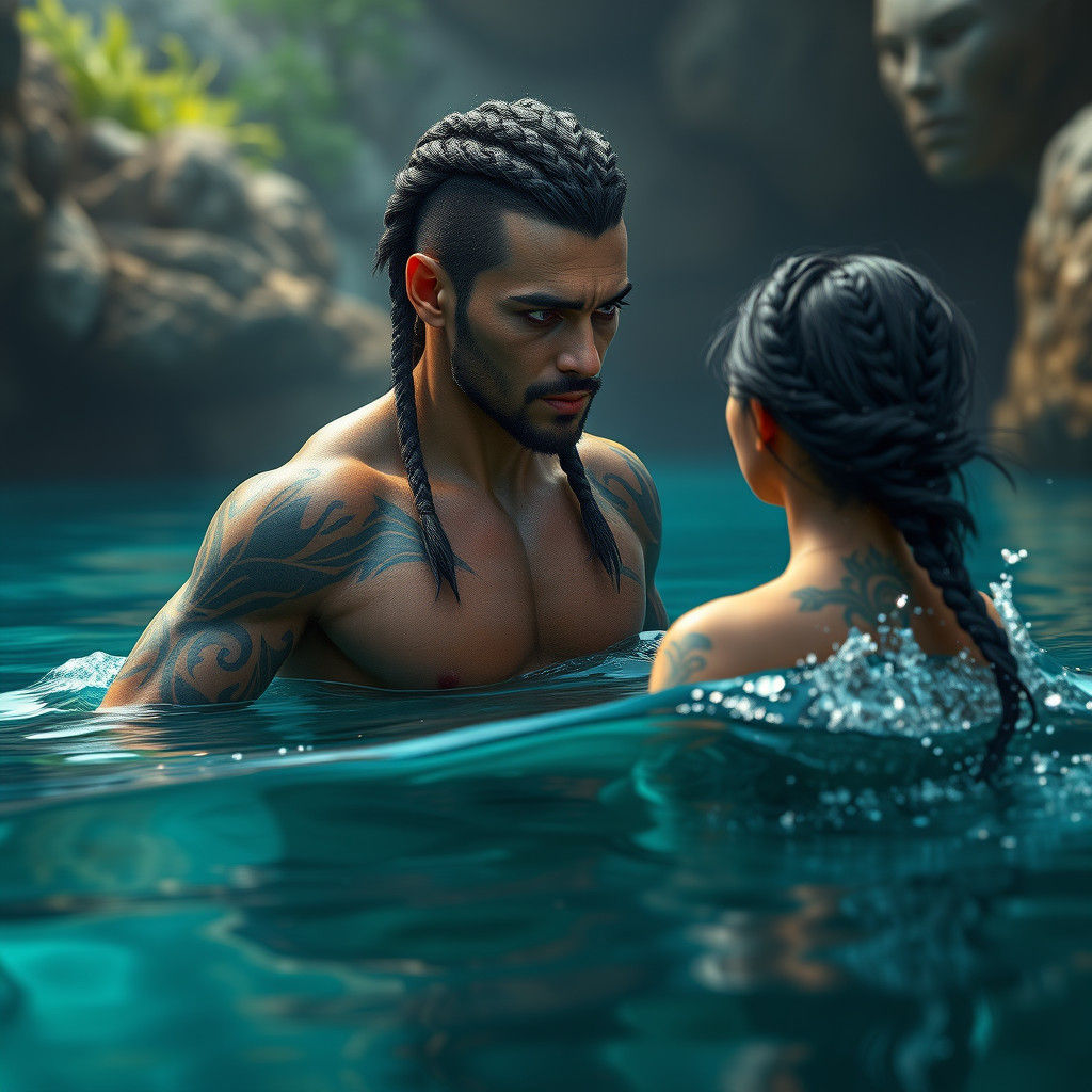 Merman with Tribal Tattoos in Deep Lagoon, Fantasy Art